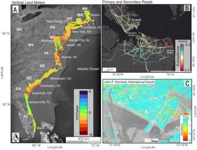 Spatial map of vertical land motion on the U.S. East Coast (left panel). Primary, secondary, and interstate roads on Hampton roads, Norfolk, and Virginia Beach, VA (top right panel), and John F. Kennedy (JFK) International Airport, NY (bottom right panel). Note that the yellow, orange and red areas on these maps denote areas of sinking. 